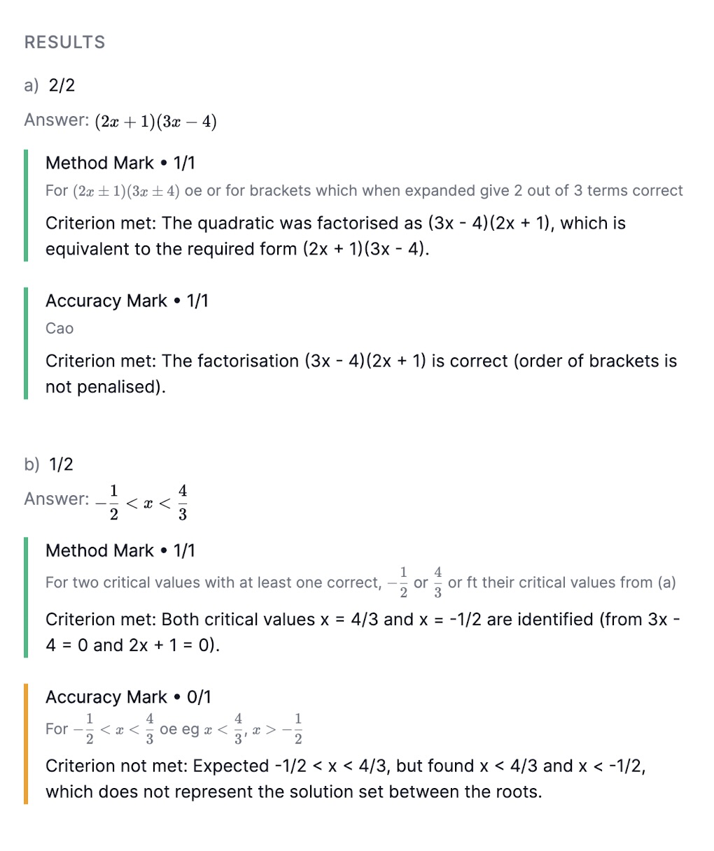 Detailed marking breakdown showing method marks and accuracy marks with green and amber indicators