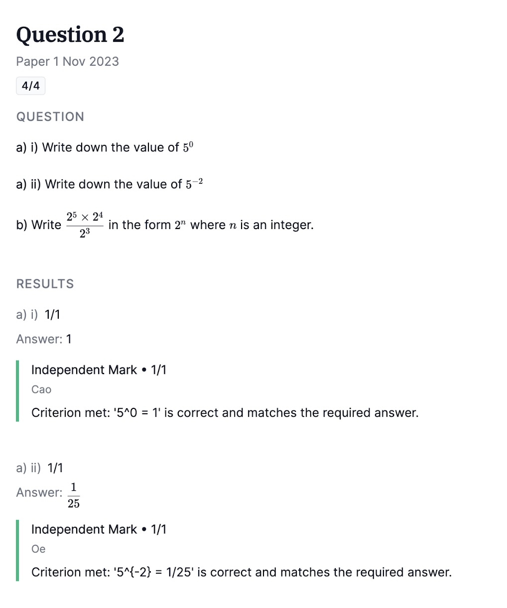 PaperLab app showing a maths question with LaTeX rendering and detailed marking results